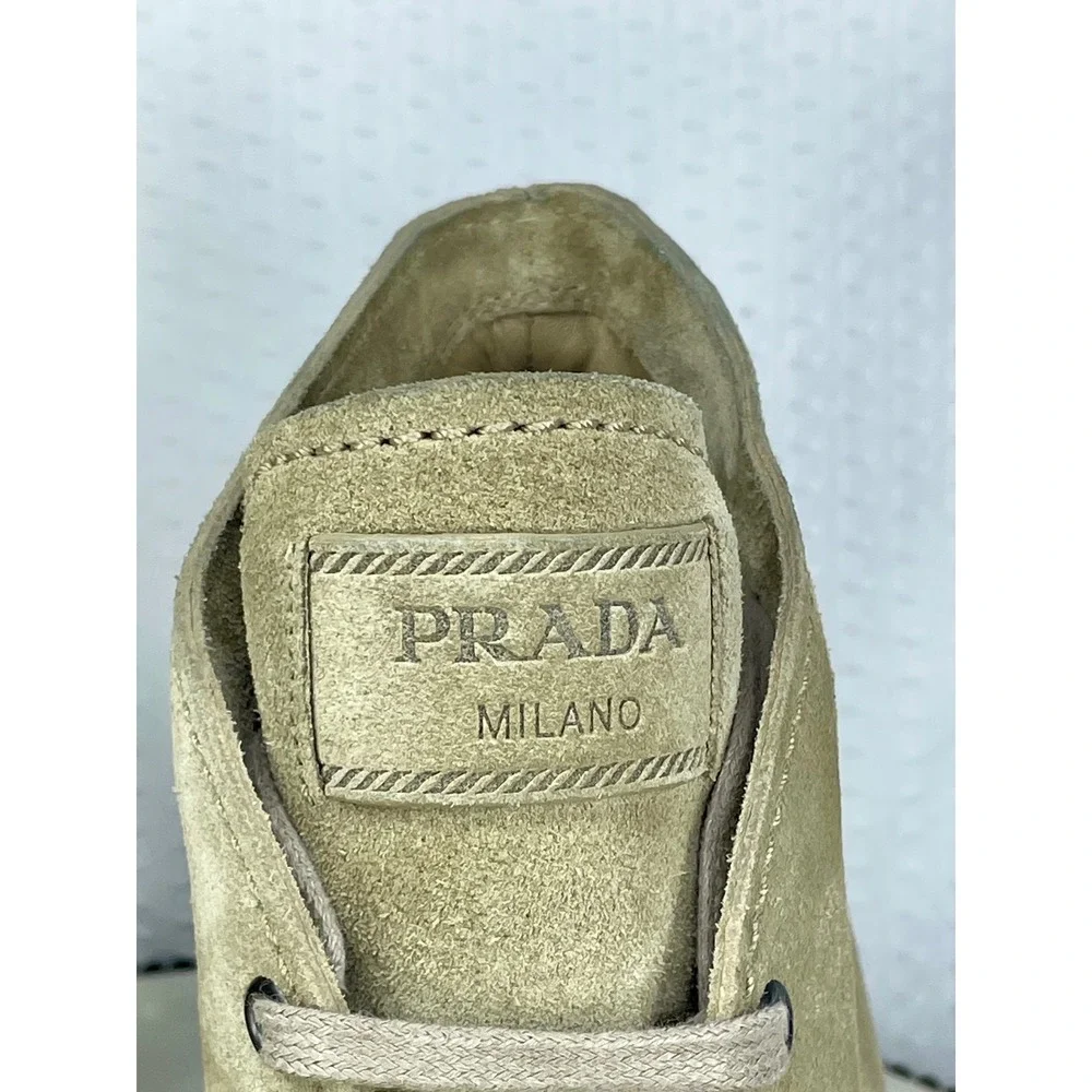 Prada Linea Rossa Suede Lace Up Wedge Booties Womens 9.5 Tan Luxury Chukka Boots